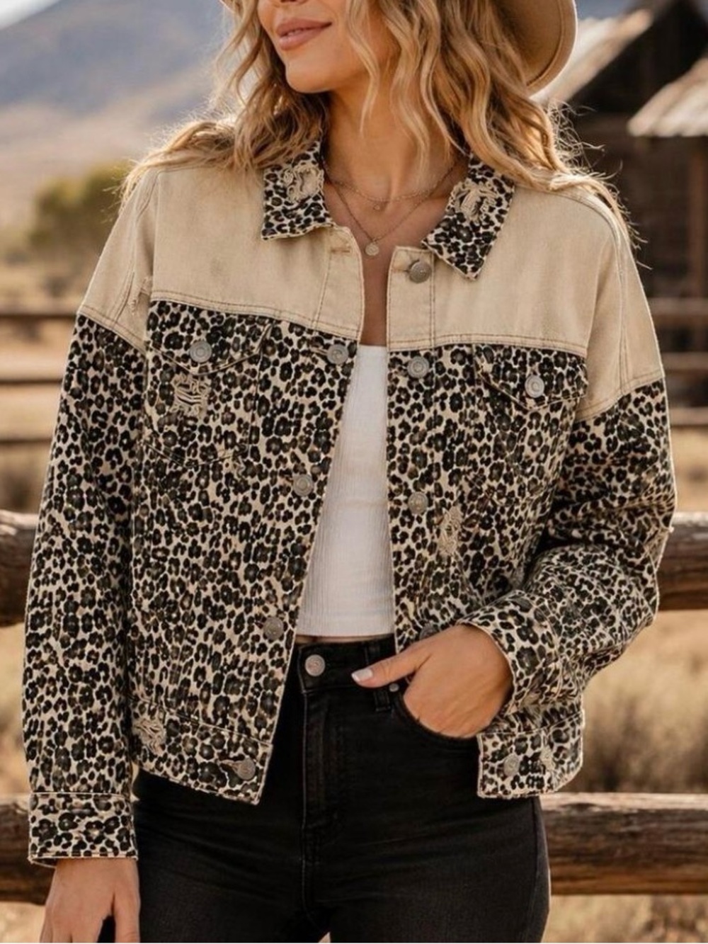 POL • Oversized Boxy Leopard Distressed Denim Jacket